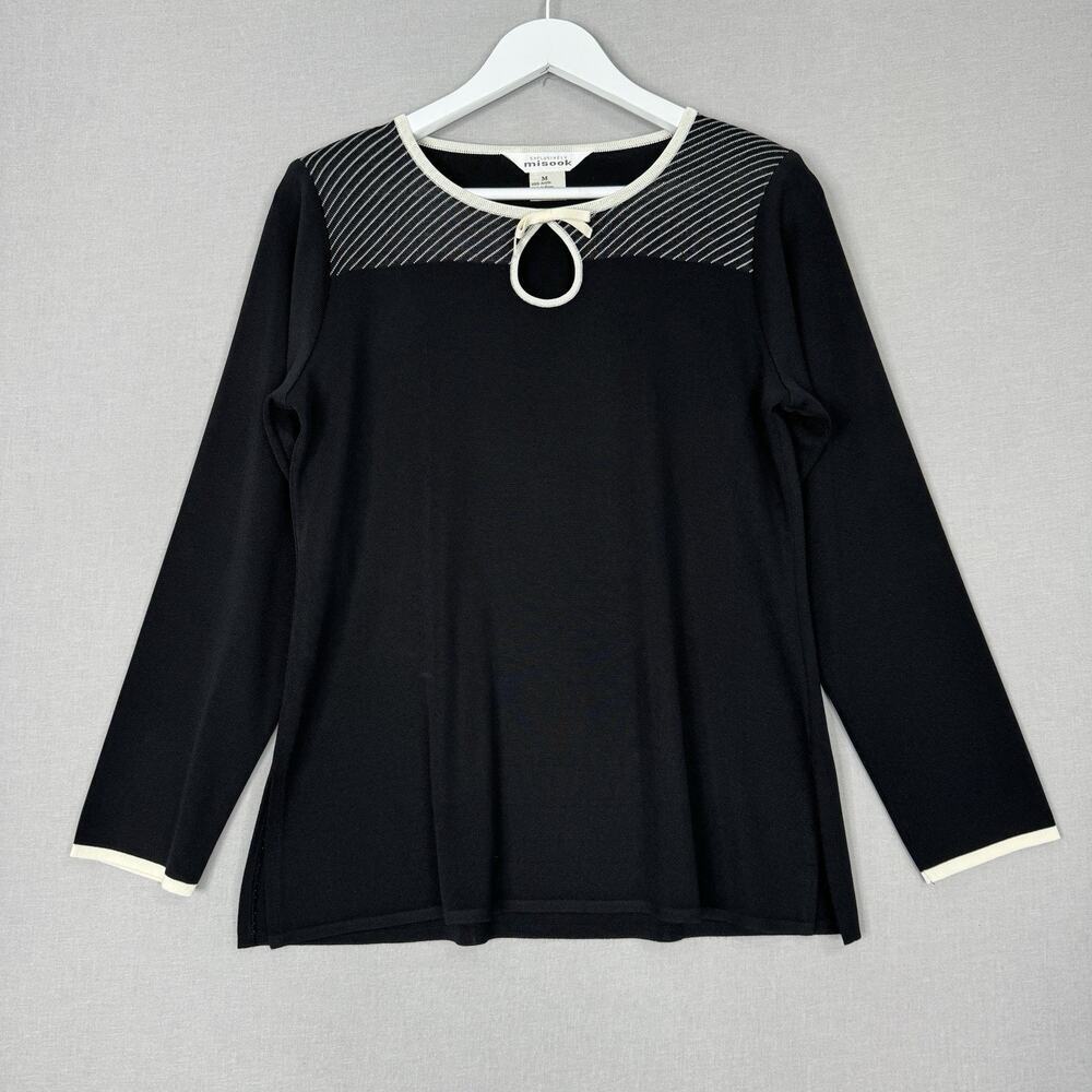 Exclusively‎ Misook Womens Sweater M Black Contrast Trim Keyhole Bow Old Money